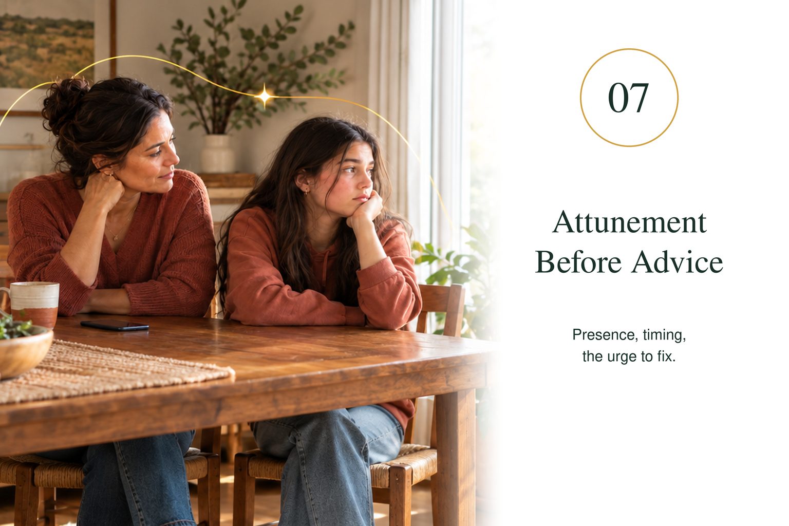 Attunement Before Advice — presence, timing, the urge to fix.